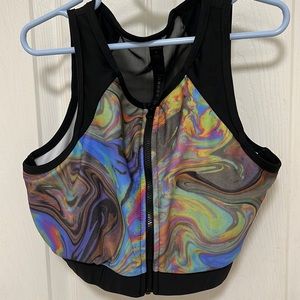Reflex Zip Up Sports Bra Oil Spill Print , Size Medium